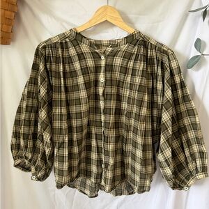 Madewell Olive and Tan Plaid Button-Front Blouse